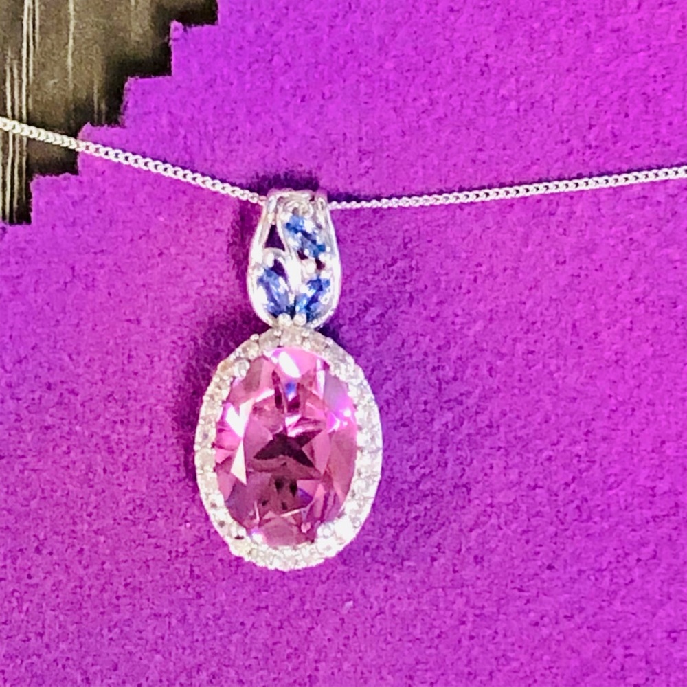 41.) New Pink Moscato Quartz, Tanzanite & Diamond Necklace